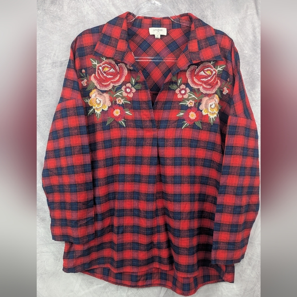Umgee Medium Flannel Embroidered Plaid Blouse Red/Black V-Neck